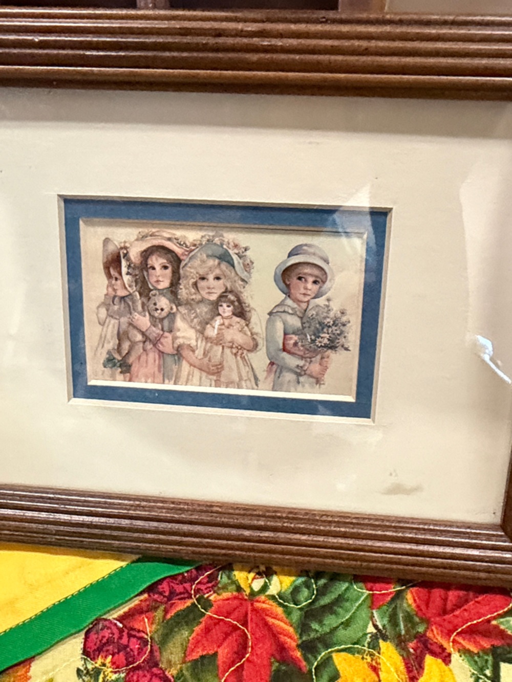 Brown Wood Framed Vintage-Style Family Print in Blue Mat